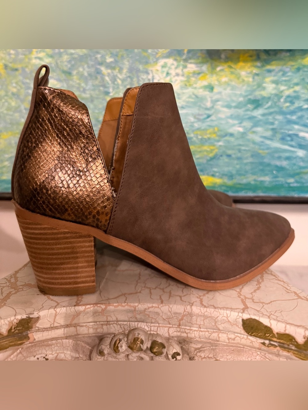 Dolce Vita Falina Brown Suede Ankle Boot with Metallic Snakeskin Pattern on Back